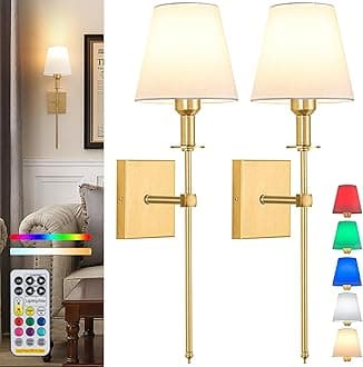 Battery Operated Wall Lights Set of 2,Gold Rechargeable Wall Lights with Remote Wireless Light for Wall,9 Colors Modes Cordless Indoor Battery Wall Sconce for Bedroom Living Room Hallway