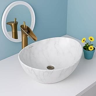 SEA SHORE IMPORTED Premium Designer Table Top Ceramic Wash Basin | Over Counter Bathroom Basin | Vessel Sink with Slim Rim Counter Top for Bathroom (16 x 12 x 5.5 Inch, White & Grey Strips)