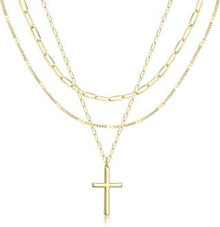 Layered Gold Necklaces for Women, Stackable Dainty 14K Gold Silver Plated Trendy Simple Heart Diamond Cross Bow Circle Pendant Paperclip Choker Dot Chain Necklace,Jewelry Set Gifts for Women