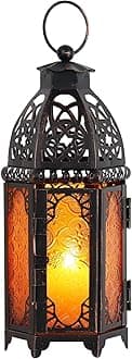 DECORKEY Ramadan Candle Lantern Decorations for Home 2024, H:12.8 inch Vintage Medium Decorative Moroccan Style Hanging Lantern, Metal Tabletop Lantern Decor, Candle Holders for Outdoor Patio (Amber)