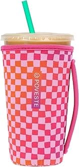 Reusable Neoprene Insulator Sleeve for Iced Coffee & Cold Soda, Coffee Sleeves for Iced & Hot Drinks, Cold Beverage Cooler Compatible with Starbucks, Dunkin (Gradient Cherckerboard, Large: 32oz)