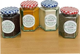 Kitchen Spices and Glass Jars for Storage- Indian Spices with Hexagonal Glass Jars | 4 Spice 4 Jars- Garlic Turmeric Powder Mustard Seeds Cumin Seeds 100g Each