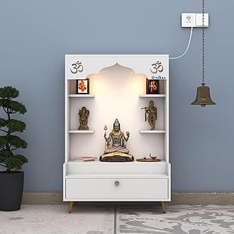 Anikaa Kimbell Engineered Wood Home Temple Modern Design Puja Temple Stand with LED Lights Home Mandir OM Puja Shelf for Office - White (D.I.Y - Do-It-Yourself)