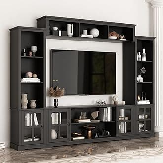 ECACAD 4-Piece Wall Unit TV Stand with Bookshelves for TVs up to 65", Modern TV Console Table Media Entertainment Center with Glass Doors & Open Shelves for Living Room, Bedroom & Home Theater, Black