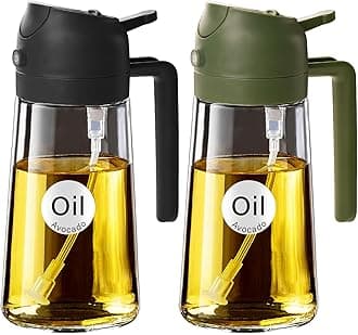 YARRAMATE 2Pcs 16oz/470ml Glass Olive Oil Sprayer for Cooking with Stickers, 2 in 1 Oil Dispenser for Kitchen Gadgets, Food Grade Premium Spray Bottle for Salad, BBQ (Black&OliveGreen)