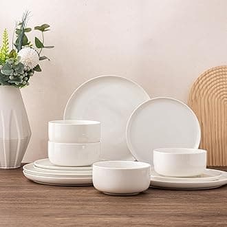 LeRatio Ceramic Dinnerware Sets of 4,Poreclain Plates and Bowls Sets,Handmade Reactive Glaze Dishes Set,Chip Resistant and Scratch Resistant | Oven&Dishwasher & Microwave Safe,Service for 4-White