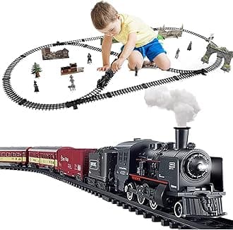 Beauenty Electric Train Set for Kids, Battery-Powered Train Toys Set with Lights, Smoke & Sound, Locomotive Engine, Cars & Tracks, Classic Toy Train Set Gifts for 3 4 5+ Years Old Kids (Smoky Red)