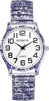Women's Stretch Band Watches: Ladies Boho Printed Elastic Strap Easy Reader Analog Quartz Bangle Wrist Watch