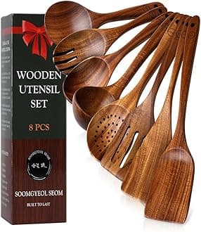 Natural Teak Wood Kitchen Utensil Set - 8 Piece Non-Stick Cooking Spoons & Spatulas, Heat Resistant & Eco-Friendly, Durable Wooden Tools for Nonstick Cookware