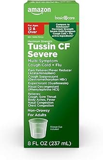 Amazon Basic Care Tussin Severe CF Max Syrup, Multi-Symptom Cough, Cold and Flu Liquid Medicine, Non-Drowsy, Relieves Cough, Sore Throat, Body Aches, Fever, Nasal and Chest Congestion, 8 fl oz