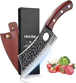 Huusk Japan Knives, Viking Knife with Sheath, Meat Cleaver Knife for Meat Cutting, Hand Forged Chef Butcher Full Tang Boning Knife for Outdoor Cooking, Kitchen Deboning or Camping BBQ