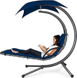 Best Choice Products Outdoor Hanging Curved Steel Chaise Lounge Chair Swing w/Built-in Pillow and Removable Canopy - Navy Blue