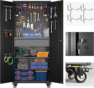 SUXXAN 71" Metal Garage Storage Cabinet with 16 Hooks and Pegboards,1 Drawer Inside Rolling Tool Storage Cabinet with Adjustable Shelves,3 Metal Hanging Rod for Garage,Warehouse