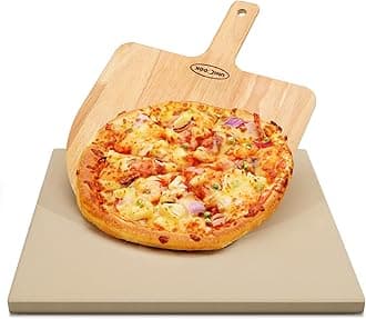 Unicook Pizza Stone and Peel, 16 x 14 Inch Baking Stone for Grill Oven, Thermal Shock Resistant Cooking Stone for Making Crisp Crust Pizza Bread, Includes Wooden Pizza Peel