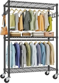 VIPEK V12 Heavy Duty Rolling Garment Rack 3 Tiers Adjustable Wire Shelving Clothes Rack with Double Rods and Side Hooks, Freestanding Wardrobe Storage Rack Metal Clothing Rack, Black