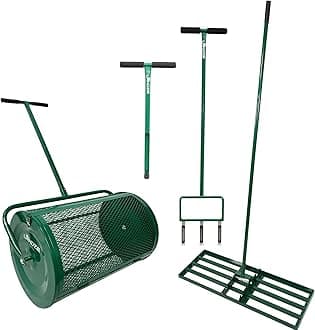 LandzieLADNZIE 4-Step Compost and Peat Moss Spreader Lawn Care System - Set Includes 24" Lawn and Garden Spreader with Soil Sample Probe, Hollow Tine Fork Aerator Lawn Leveling Rake