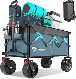 220L Wagons Carts Foldable with Big All-Terrian Beach Wheels, Collapsible Heavy DutyWagon with Cup Holders, Extra Large Folding Wagon,Foldable Wagon for Camping, Garden, Sports.Blue&Gray