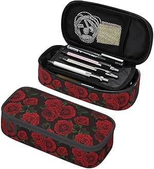 Red And Black Rose Pencil Case Big Capacity Storage Pencil Pouch Stationery Bags With Zipper Portable Pen Holder Box Organizer For Boys Student College School Office Supplies