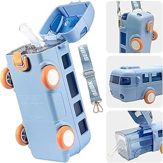 - PLUSPOINT Bus Shape Water Bottle for Kids Detachable Straw with Shoulder Strap Leak-Proof Cartoon Water Bottle with Wheels (Color-Blue), Silicone, 500 ML