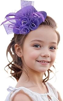 Zinniday Girls Mini Fascinators Hats - Purple Top Kentucky Hat with Hair Clip Veil 2026 Feather Derby Cap Small Church Victoria Fascinator for Little Girl Tea Party Renaissance Masquerade Dress Up