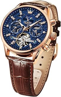 OLEVS Men Skeleton Watch Automatic Mechanical Dress Casual Brown Black Leather Moon Phase Luminous Waterproof Wrist Watches