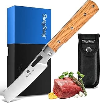 ZhengSheng Folding Chef Knife with Nylon Pouch 4.8” Ultra Sharp 440A Stainless Steel Blade Natural Olive Handle Pocket Foldable Japanese Style Kitchen Knife for Outdoor Camping BBQ trip Cooking.