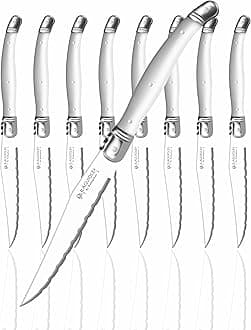 [Set of 8] Steak Knives, Hailingshan Serrated Stainless Steel Dishwasher Safe Polished Sharp Light Premium Laguiole Table Dinner Cutlery Flatware Steak Knife 8-Piece Gift Box-White Plastic Handle