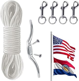 Flag Rope and Clips Kit - 50ft Flag Pole Rope Halyard with Cleat Hook & 4 Pcs Swivel Snap Clips for Flagpoles Up to 25ft, Outdoor Porch Flagpoles Repair Replacement Parts Accessories