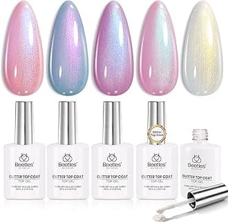 Beetles Pearl Glitter Top Coat Set, 5 Colors Iridescent Pastel Shimmer Mermaid Glossy Top Coat Gel Polish Shiny Long-Lasting No Wipe Soak Off UV LED Nail Art Gifts for Women