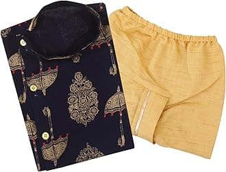 superminisBoy's Golden Foil Printed Side Open Cotton Kurta, Round Collar, Full Sleeves With Cream Color Dhoti Clothing Set