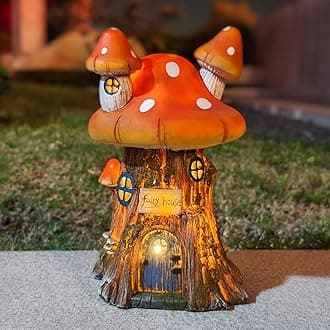 COWOS Mushroom House Sculptures, Collection of Resin Garden Sculptures, Resin Fairy House Statue, Solar Fairy Garden Figurine with Warm White Light Mushroom for Outdoor, Lawn, Yard Decoration