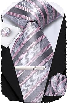 Hi-Tie Silk Ties for Men Pink Blue Black Mens Ties Set 4 PCS Necktie Pocket Square Cufflinks Clip Pin for Wedding