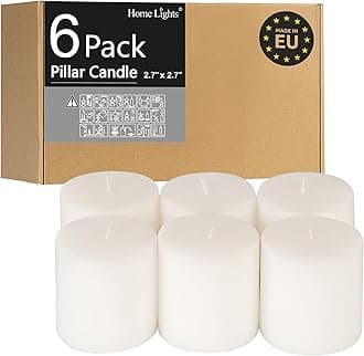 Home Lights Pillar Candles - 2.7x2.7inch | 25 Hours Burning, 6 Pack - White Unscented Smokeless European Pillar Candles - Perfect for Wedding, Parties, Spas, Home Gatherings and Dinner