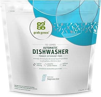 Grab Green (132 Loads, Fragrance Free, Standard) - Natural Dishwasher Detergent Pods, Fragrance Free, Organic Enzyme-Powered, Plant & Mineral-Based, Free & Clear/Unscented, 132 Loads