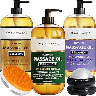 Cosmetasa Body Massage Oil Therapy Kit – Arnica & Lavender Oil for Relaxation and Sore Muscles – Includes Anti-Cellulite Oil, Roller Ball & Mitt for Firming Skin – Spa Gift Set for Women & Men