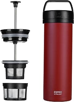 P0 Ultralight French Press Coffee Maker for Travel, Vacuum Insulated Stainless Steel, 16 Ounces, Cranberry