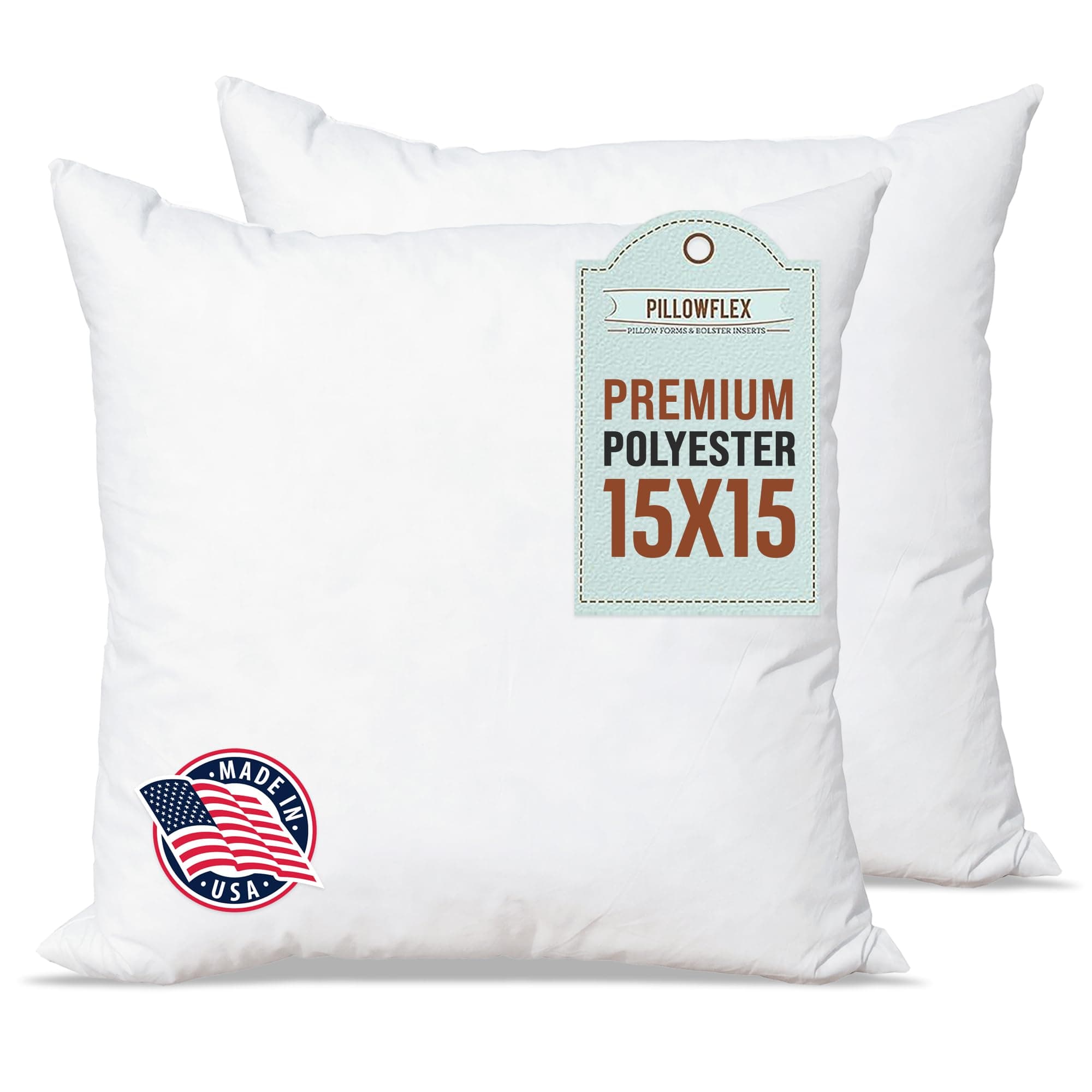 Pillowflex Premium Polyester Pillow Insert β 15x15 - Square Pillows Form, Machine Washable, Soft Sham Supports, Decorative Form for Covers and Throw Pillows, Hypoallergenic - Made in USA - 2 Pack