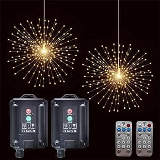 2 Pack Starburst Sphere Lights with Remote Control,200 LED Firework Light, 8 Modes Dimmable Waterproof Copper Wire Hanging Fairy Light for Patio Parties Christmas (Solar Powered)