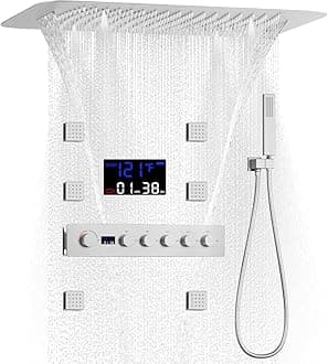 AYIVG Flush Mounted Thermostatic Shower System in Brushed Nickel Temperature Display Rain Shower System with 6 Body Jets 16 * 24 Inch Ceiling Mount Rain Shower Faucet Set