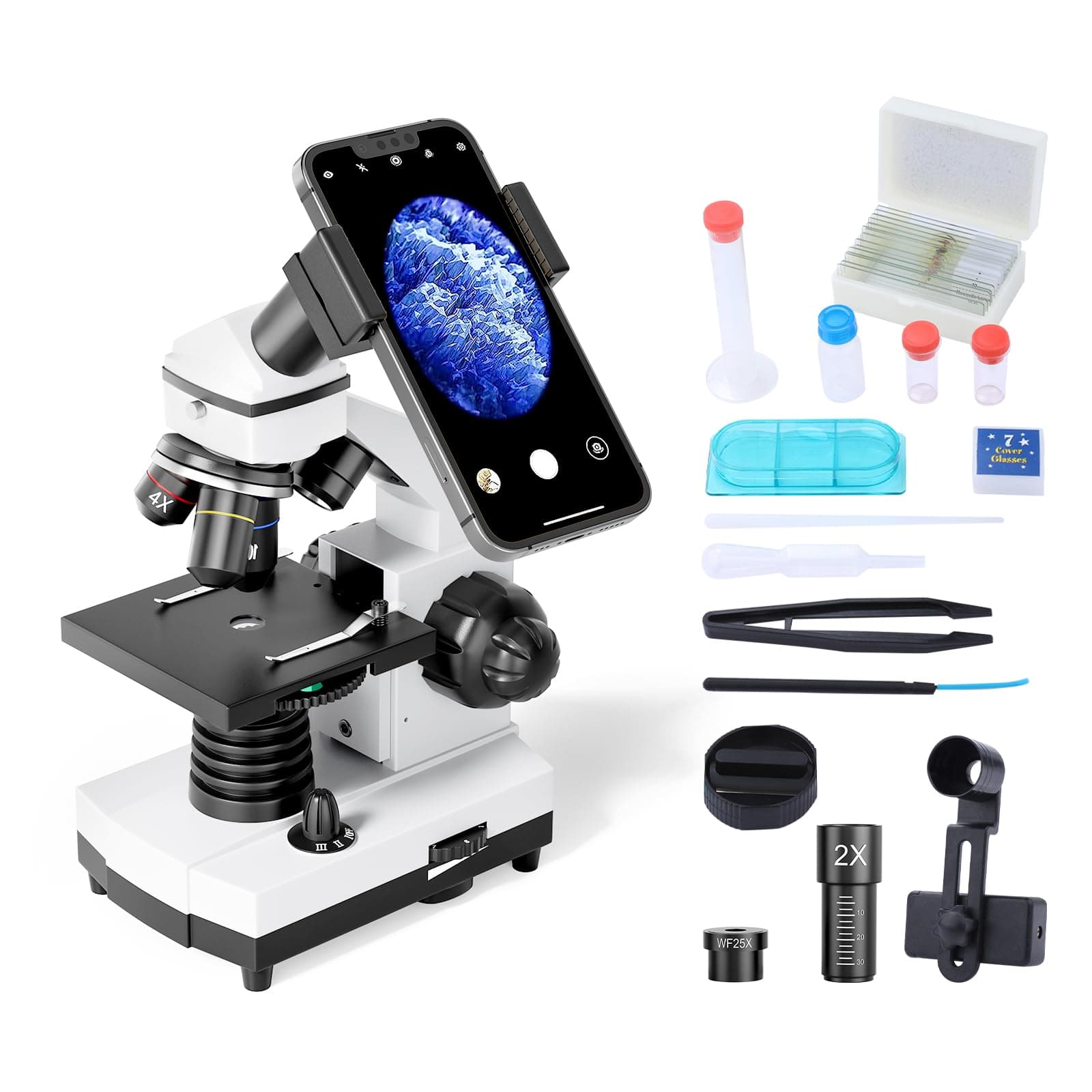 Monocular Microscope for Students and Kids, 200-2000x Magnification Powerful Biological Educational Microscope with Operation Accessories(10p), Slides Set(15p), Phone Adapter, Wire Shutter & Backpack