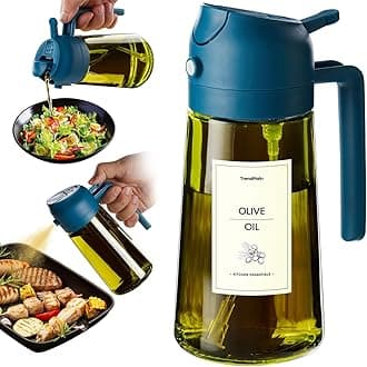 TrendPlain 470ml Olive Oil Spray Bottle - 2 in 1 Olive Oil Dispenser Bottle for Kitchen Accessories - Kitchen Gadgets, For Air Fryer - with Stickers, Light Blocking - Navy