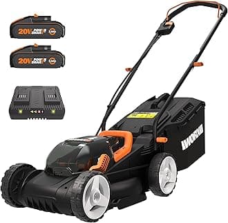 WORX 40V Cordless 34cm Lawn Mower WG779E, Cutting Height 20-70mm, 2 x 2.5Ah Batteries & Dual Port Charger, Powershare, 30L Grass Bag Cutting Width Up to 280m²