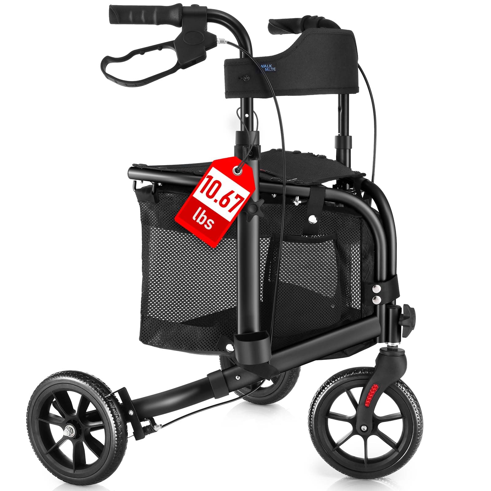 3 Wheel Rollator Walker with Seat for Slim Seniors, Padded Backrest Lightweight Foldable Travel Walker Ideal for Elderly, 8 Inch Tri-Wheel Modern Mobility Walking Aid Aluminum, Black