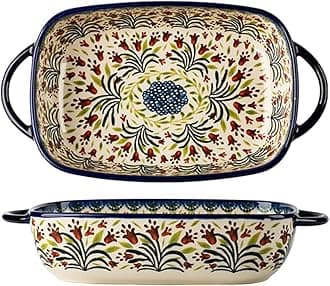 Vintage Style Tulip Flower Pattern Ceramic Bakeware Casserole Dish Baking Pan Lasagna Pans Baking Dish with Handles for Oven/Cooking/Kitchen-1 PCS-60 OZ