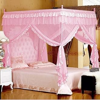 MengersiQueen Size Bed Canopy, Princess Bed Canopies Drapes, Pink