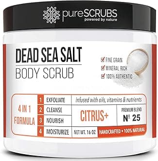 pureSCRUBS Premium Citrus Body Scrub Set - Large 16oz Dead Sea Salt Body Scrub With Infused Essential Oils & Nutrients, Includes Wooden Spoon, Loofah & Oatmeal Exfoliating Bar Soap