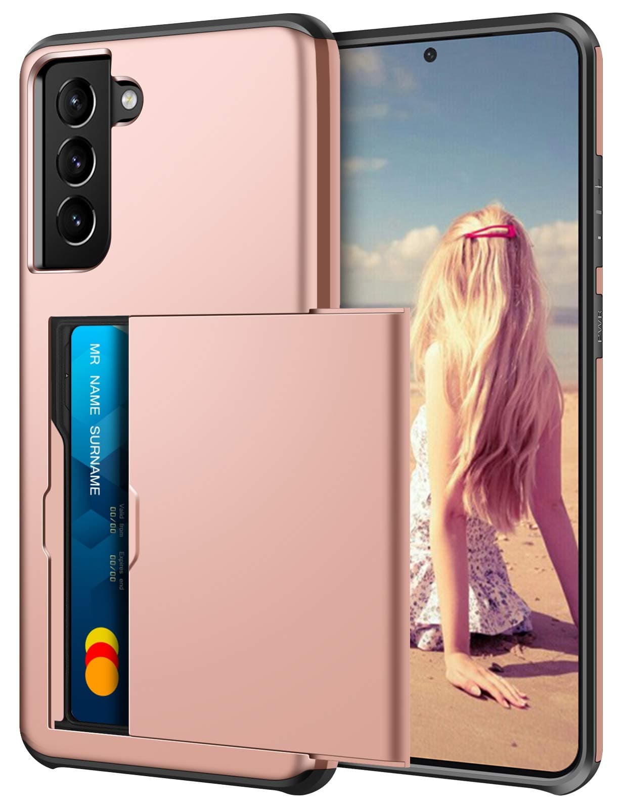 Coolden for Samsung S21 Case Wallet Case Armor Shockproof Case Protective Case Rubber Bumper Phone Case Card Holder Slot Wallet Case Cover Compatible with Samsung Galaxy S21 (Rose Gold)