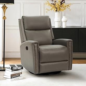 HULALA HOME Genuine Leather Swivel Rocker Recliner, Manual Glider Recliner Chair with Adjustable Backrest & Footrest, Modern Home Theater Lounge Sofa Armchair for Living Room Bedroom, Dove