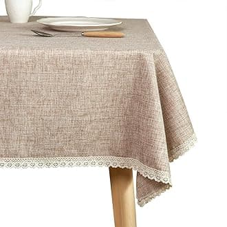 Washable Linen Solid Tablecloth, Solid Thick Khaki Rectangle Tablecloth, Lace Side Design, Used for Kitchen and Dining Room Decoration,140cmx218cm
