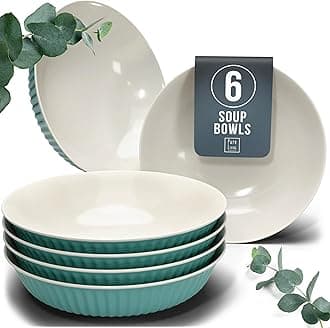 Stylish Soup Plate Set - Premium Stoneware, Scratch Resistant, Dishwasher and Microwave Safe - Stylish Deep Plate Set for 6, Large Deep Pasta Plates - Grooved Deep Plates in Petrol